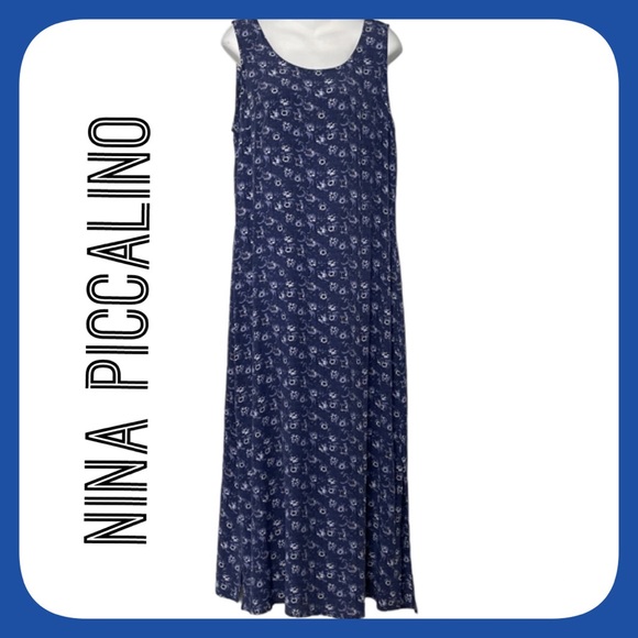 NINA PICCALINO Vtg Maxi Sleeveless Blue & White Floral Shift Sundress Size 14 - Picture 1 of 11